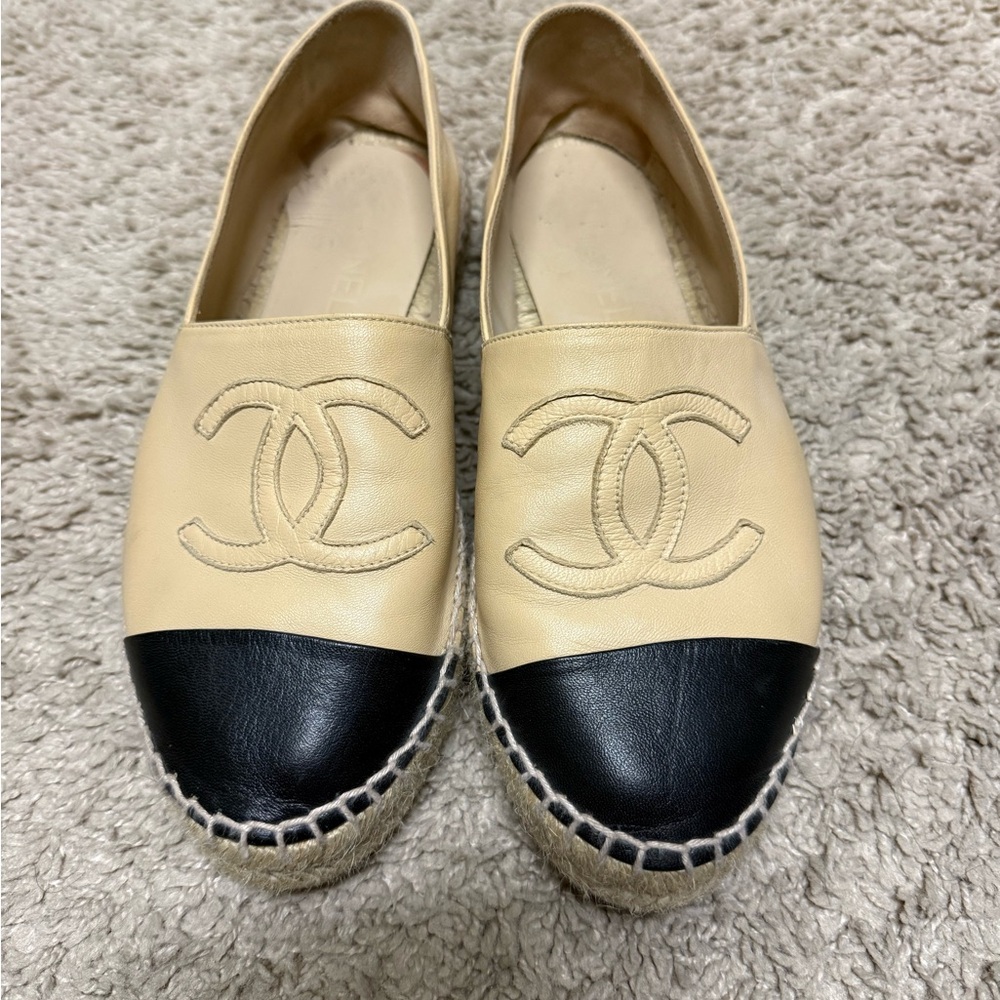 Gently worn Chanel nude and black espadrilles